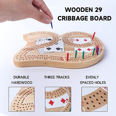 Classic Wooden 3-Track 29 Cribbage Board Game with 9 Plastic Pegs