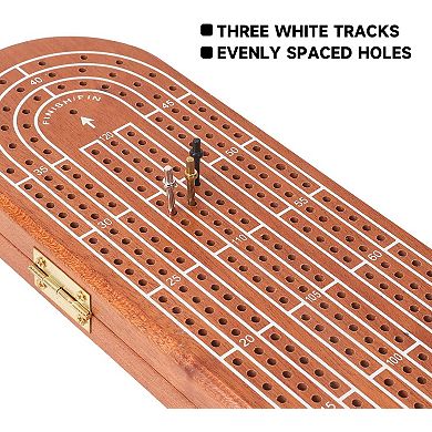 3-Track Wooden Cribbage Board Game with 9 Metal Pegs & Deck Playing Card