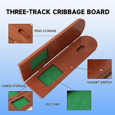 3-Track Wooden Cribbage Board Game with 9 Metal Pegs & Deck Playing Card