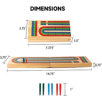 Wooden Folding 3-Track Color Coded Travel Cribbage Board with 6 Plastic Pegs, Wooden Travel Portable Cribbage Board Game Set