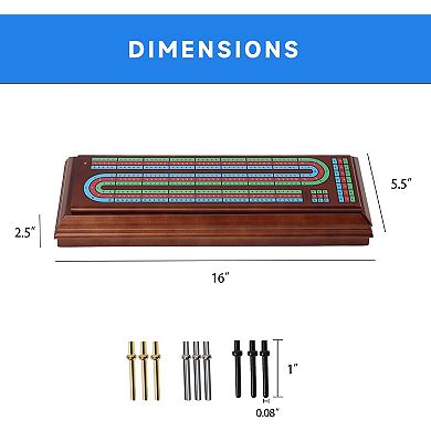 3-Track Wooden Cribbage Board Game Box with 2 Deck Playing Cards, 9 Metal Pegs and Storage Drawer