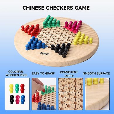 Natural Wood 2-in-1 Chinese Checkers and Gobang Board Game Set with Wooden Pegs and Stones
