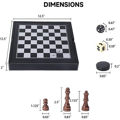 Premium Leather 3-in-1 Chess, Checker and Backgammon Board Game Combo Set