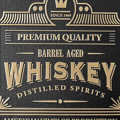 American Art D??cor Barrel Aged Whiskey Embossed Black and Gold Metal Bar Sign