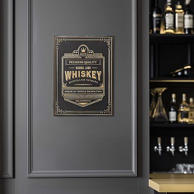 American Art Décor Barrel Aged Whiskey Embossed Black and Gold Metal Bar Sign