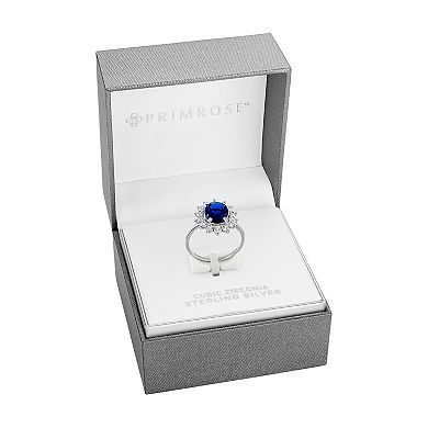 PRIMROSE Primrose Sterling Silver Simulated Sapphire Oval Center Stone With Cubic Zirconia Flower Polished Band Ring