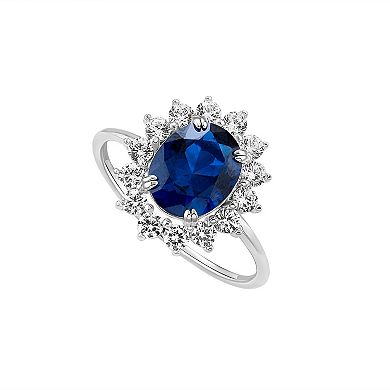 PRIMROSE Primrose Sterling Silver Simulated Sapphire Oval Center Stone With Cubic Zirconia Flower Polished Band Ring