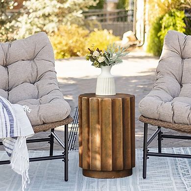 LuxenHome Weathered Copper Cement Fluted Round Indoor Outdoor Side And End Table