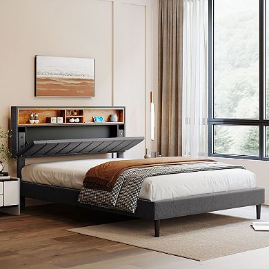 Upholstered Platform Bed With Storage Headboard And Usb Port