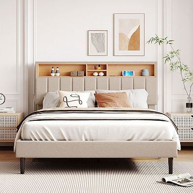 Upholstered Platform Bed With Storage Headboard And Usb Port
