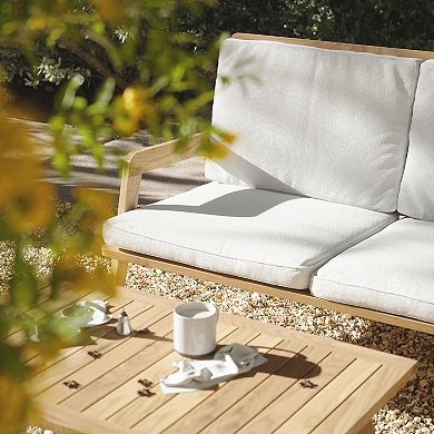 LuxenHome Outdoor Acacia Wood Coffee Table And Loveseat With Cushions