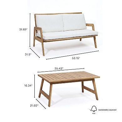 LuxenHome Outdoor Acacia Wood Coffee Table And Loveseat With Cushions