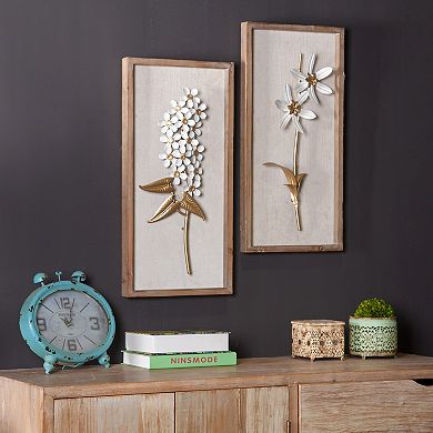 LuxenHome Set of 2 White and Gold Flower Bouquet Wall Decor