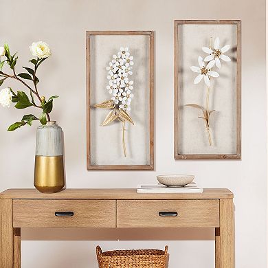 LuxenHome Set of 2 White and Gold Flower Bouquet Wall Decor