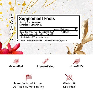 Codeage Colostrum Supplement, Immunoglobulin-rich Grass-fed Colostrum First Milking Capsules, 180 Ct