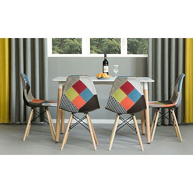 Plastic Fabric Patchwork DSW Shell Dining Chair Wooden Dowel Eiffel Legs, Set of 4