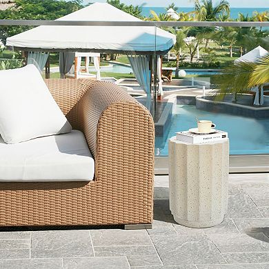 LuxenHome Off White With Gray Cement Fluted Round Indoor Outdoor Side And End Table