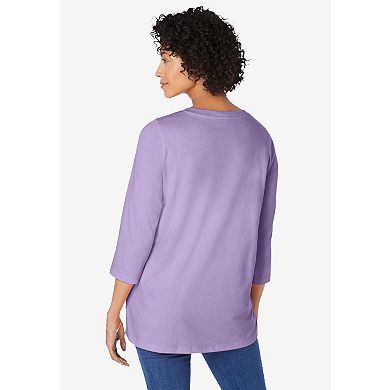 Woman Within Women's Plus Size Perfect Three-Quarter Sleeve V-Neck Tunic