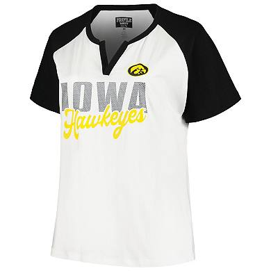 Women's Profile White/Black Iowa Hawkeyes Plus Size Best Squad Shimmer Raglan Notch Neck T-Shirt