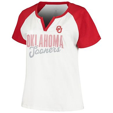 Women's Profile White/Crimson Oklahoma Sooners Plus Size Best Squad Shimmer Raglan Notch Neck T-Shirt