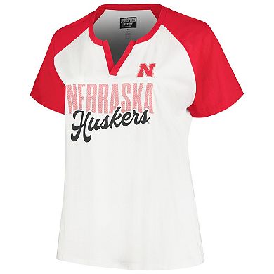 Women's Profile White/Scarlet Nebraska Huskers Plus Size Best Squad Shimmer Raglan Notch Neck T-Shirt