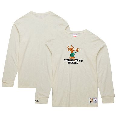 Men's Mitchell & Ness Cream Milwaukee Bucks Hardwood Classics Vintage Long Sleeve T-Shirt