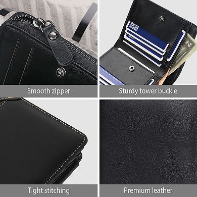 Men's, Black, Trifold Clutch Leather Wallet With 14 Credit Card Slots And Id Window