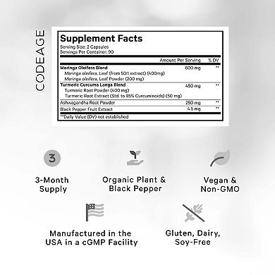 Codeage Liposomal Moringa+ Supplement, Moringa Oleifera, Turmeric, Ashwagandha, Black Pepper, 180 Ct