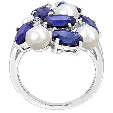 Stella Grace Sterling Silver Freshwater Cultured Pearl, Lab-Created Blue Sapphire & Lab-Created White Sapphire Cocktail Ring