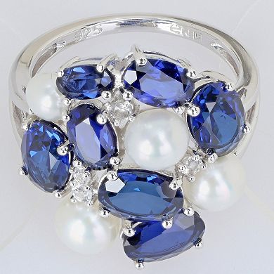 Stella Grace Sterling Silver Freshwater Cultured Pearl, Lab-Created Blue Sapphire & Lab-Created White Sapphire Cocktail Ring