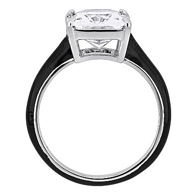 Stella Grace Sterling Silver Emerald-Cut Lab-Created White Sapphire & Black Enamel Solitaire Ring