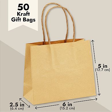 50 Pack Small Kraft Paper Gift Bags With Handle For Birthday Party, (6 X 5")