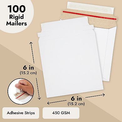 100 Pack 6x6 Rigid Mailers, 450 Gsm Self Sealing Stay Flat Cardboard Envelopes