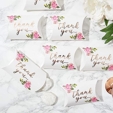 100 Pack Wedding Pillow Boxes, Rose Gold Foil Thank You Party Gift Box Décor