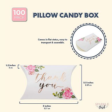 100 Pack Wedding Pillow Boxes, Rose Gold Foil Thank You Party Gift Box Décor