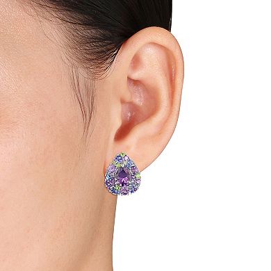 Stella Grace Sterling Silver Tanzanite, Rose De France, Peridot & Amethyst Cluster Stud Earrings
