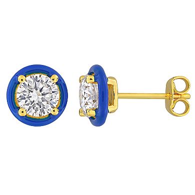 Stella Grace 18k Gold Over Silver 1-3/8 Carat T.W Lab-Created Moissanite & Blue Enamel Solitaire Halo Stud Earrings