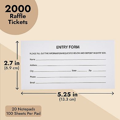 2000 Raffle Ticket Sheets, Entry Forms For Contests, School Events, 20 Pads