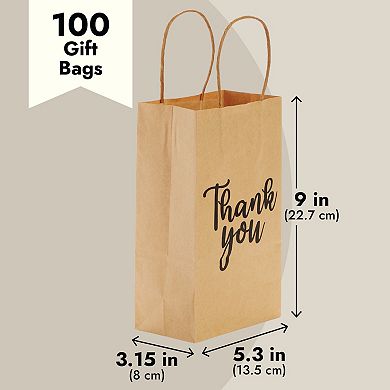 100-pack Small Thank You Gift Bags With Handles, Brown, 9x5.3x3.15 In