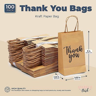 100-pack Small Thank You Gift Bags With Handles, Brown, 9x5.3x3.15 In