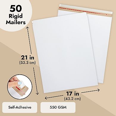 50 Pack 17x21 Rigid Mailers, 550 Gsm Self Adhesive Stay Flat Cardboard Envelopes