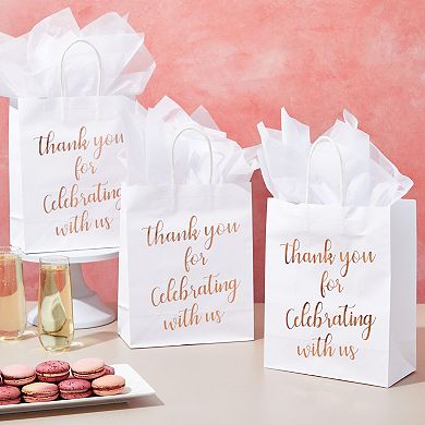 15x Thank You Kraft Paper Gift Bags With Handles Tissue Rose Gold Foil Lettering