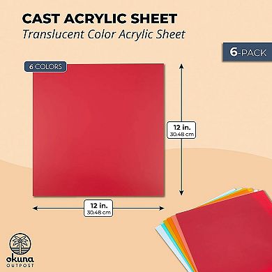 6-pack Of Colored Acrylic Sheets 1/8 Thick, 6 Translucent Colors, 12 X 12 In