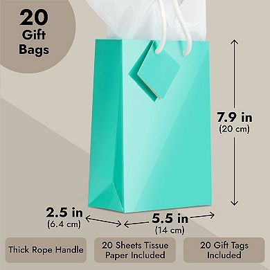 20-pack Small Teal Gift Bags With Tissue Paper, 7.9 X 5.5 X 2.5 In