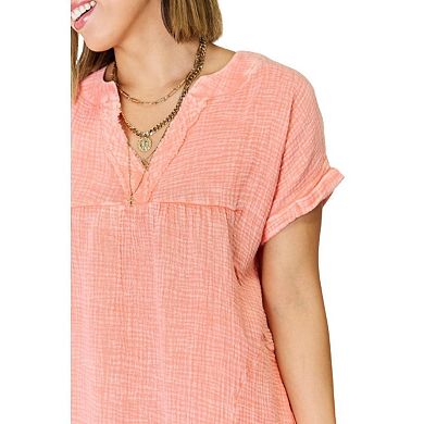 Fashnzfab Washed Nochted Rolled Short Sleeve Dress