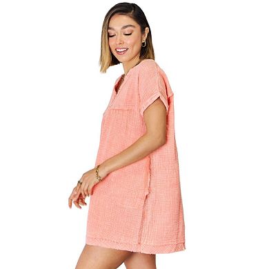 Fashnzfab Washed Nochted Rolled Short Sleeve Dress