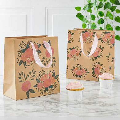 24 Pack Kraft Paper Floral Gift Bags With Pink Ribbon Handles, 2 Designs, 9 X 8"