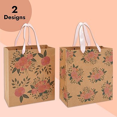 24 Pack Kraft Paper Floral Gift Bags With Pink Ribbon Handles, 2 Designs, 9 X 8"