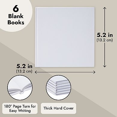 6 Pack Blank Books For Kids To Write Stories, Hardcover 36 Pages, White, 5x5 In