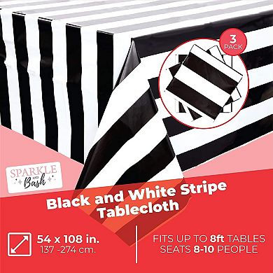 3 Pack Black And White Striped Party Tablecloth, Plastic Table Covers, 54x108 In